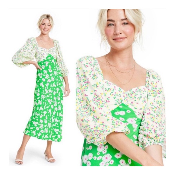 Rixo Dresses & Skirts - RIXO Green Floral Smocked Puffy Sleeve Midi Dress